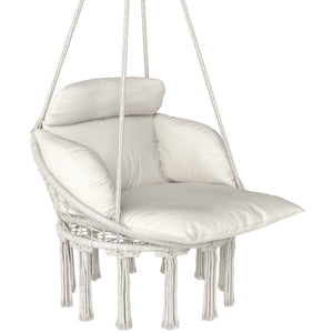 Hammock Swing Chair, Outdoor Hanging Chair with Large Cushion, Cotton Rope Weaving Macrame Swing with Chain, 265 LBS Capacity for Indoor, Outdoor, Bedroom, Patio, Balcony, Cream White