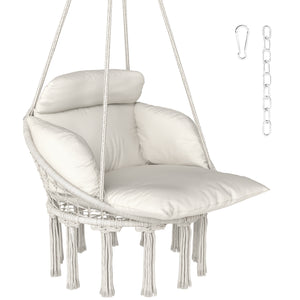 Hammock Swing Chair, Outdoor Hanging Chair with Large Cushion, Cotton Rope Weaving Macrame Swing with Chain, 265 LBS Capacity for Indoor, Outdoor, Bedroom, Patio, Balcony, Cream White
