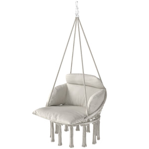Hammock Swing Chair, Outdoor Hanging Chair with Large Cushion, Cotton Rope Weaving Macrame Swing with Chain, 265 LBS Capacity for Indoor, Outdoor, Bedroom, Patio, Balcony, Cream White