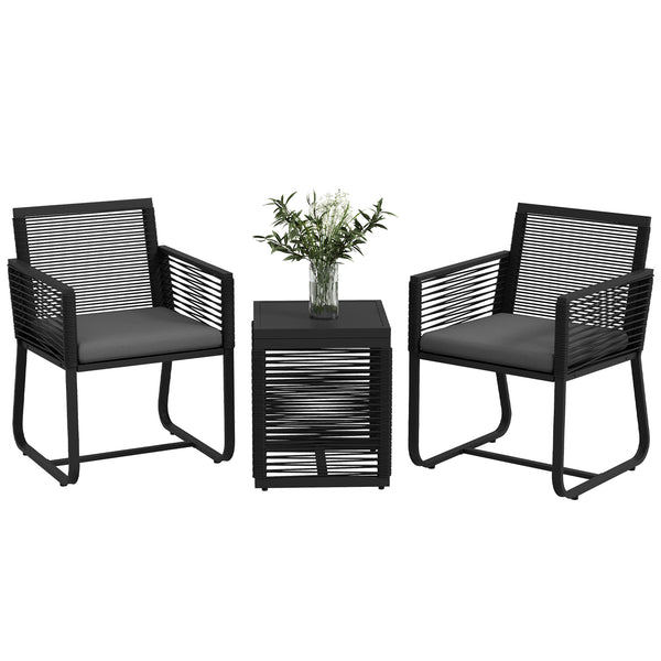 3 Pieces Wicker Patio Furniture Set, Rattan Bistro Set with Glass Top Coffee Table and Cushions, Outdoor Conversation Set for Garden, Porch, Balcony, Black