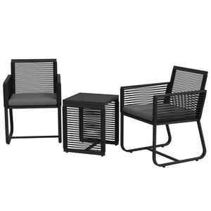 3 Pieces Wicker Patio Furniture Set, Rattan Bistro Set with Glass Top Coffee Table and Cushions, Outdoor Conversation Set for Garden, Porch, Balcony, Black