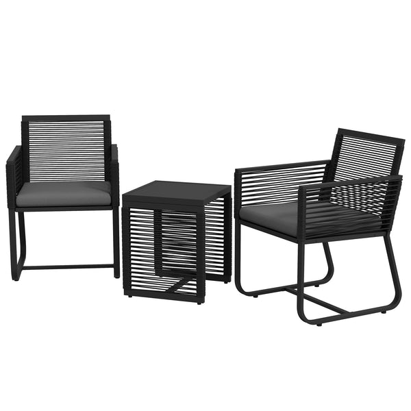 3 Pieces Wicker Patio Furniture Set, Rattan Bistro Set with Glass Top Coffee Table and Cushions, Outdoor Conversation Set for Garden, Porch, Balcony, Black