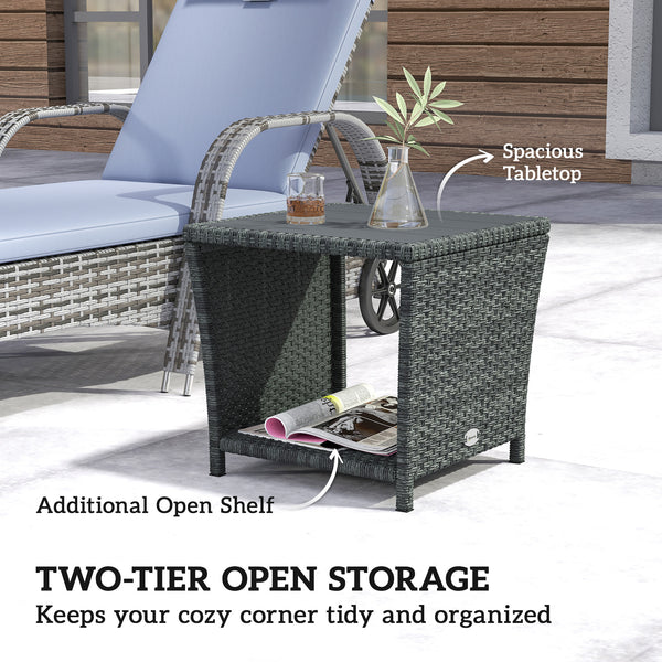 2-Tier PE Rattan Side Table with Storage Shelf, Square Outdoor Coffee Table with PS Wood Slat Top, UV-Resistant for Patio, Garden, Balcony, Grey
