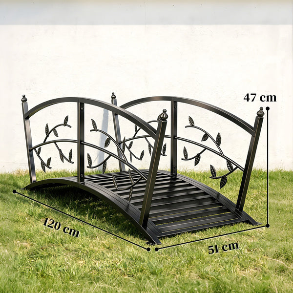 1.2M Metal Garden Bridge with Safety Railings, Outdoor Pond Bridge, Arch Decorative Footbridge for Garden, Creek Stream, Easy Assembly & Stable Construction, Black