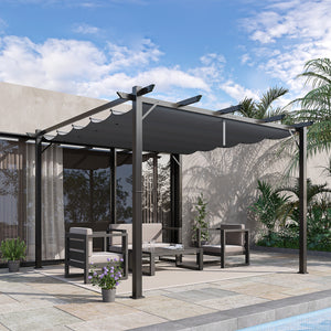 3 x 3(m) Pergola with Retractable Roof Canopy, Aluminium Frame Garden Gazebo Outdoor Sun Shade Shelter for Grill, Patio, Dark Grey