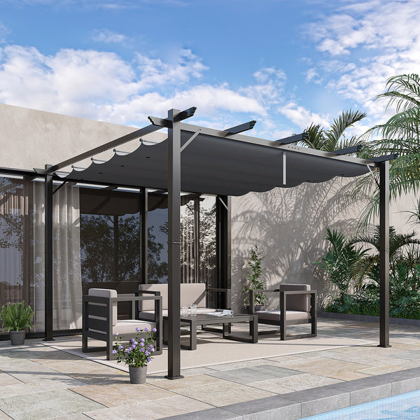 3 x 3(m) Pergola with Retractable Roof Canopy, Aluminium Frame Garden Gazebo Outdoor Sun Shade Shelter for Grill, Patio, Dark Grey