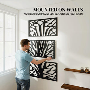 Metal Outdoor Privacy Screen, 72" x 38" Freestanding Outdoor Divider, Wall-Mounted Decorative Panel with Trunk Cut-out Design for Garden Patio Backyard, Black