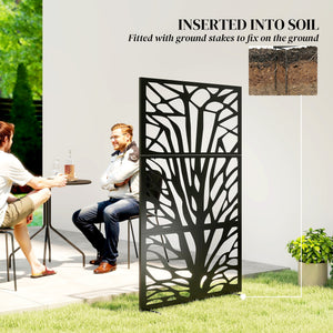 Metal Outdoor Privacy Screen, 72" x 38" Freestanding Outdoor Divider, Wall-Mounted Decorative Panel with Trunk Cut-out Design for Garden Patio Backyard, Black
