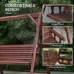 3 Seat Porch Swing with Stand, Wooden Patio Swing Chair with Side Tables and Metal Chains, Outdoor Swing Bench for Garden, Poolside, Backyard, Carbonized Brown