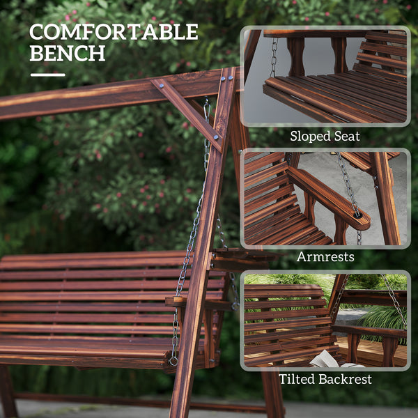 3 Seat Porch Swing with Stand, Wooden Patio Swing Chair with Side Tables and Metal Chains, Outdoor Swing Bench for Garden, Poolside, Backyard, Carbonized Brown