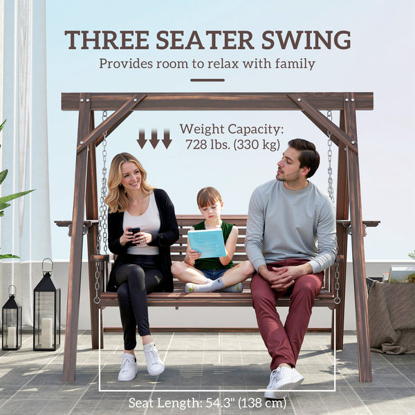 3 Seat Porch Swing with Stand, Wooden Patio Swing Chair with Side Tables and Metal Chains, Outdoor Swing Bench for Garden, Poolside, Backyard, Carbonized Brown