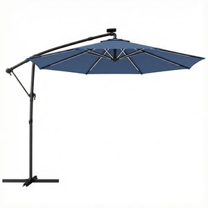 3 m Garden Cantilever Parasol with LED Solar Light, Round Overhanging Umbrella with 6-Position 360° Rotation, Crank Handle, Tilt, Cover, Banana Patio Umbrella for Outdoor Sun Shade, Navy Blue
