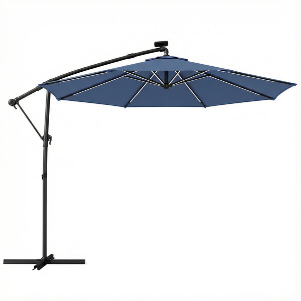 3 m Garden Cantilever Parasol with LED Solar Light, Round Overhanging Umbrella with 6-Position 360° Rotation, Crank Handle, Tilt, Cover, Banana Patio Umbrella for Outdoor Sun Shade, Navy Blue
