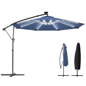3 m Garden Cantilever Parasol with LED Solar Light, Round Overhanging Umbrella with 6-Position 360° Rotation, Crank Handle, Tilt, Cover, Banana Patio Umbrella for Outdoor Sun Shade, Navy Blue