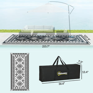 Outsunny Reversible Outdoor Rug, 9' x 18' Waterproof Plastic Straw Floor Mat, Portable RV Camping Carpet, Large Floor Mat for Backyard, Deck, Picnic, Beach, Black & White Rhombus Patchwork