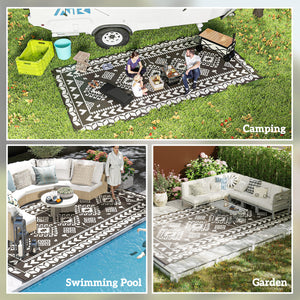 Outsunny Reversible Outdoor Rug, 9' x 18' Waterproof Plastic Straw Floor Mat, Portable RV Camping Carpet, Large Floor Mat for Backyard, Deck, Picnic, Beach, Black & White Rhombus Patchwork