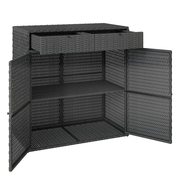 Wicker Outdoor Storage Cabinet, Double Door Patio Storage Cabinet with 2 Drawers and 2-Tier Shelves, PE Rattan Towel Rack Outdoor for Pool Garden Yard, Dark Grey