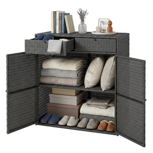 Wicker Outdoor Storage Cabinet, Double Door Patio Storage Cabinet with 2 Drawers and 2-Tier Shelves, PE Rattan Towel Rack Outdoor for Pool Garden Yard, Dark Grey