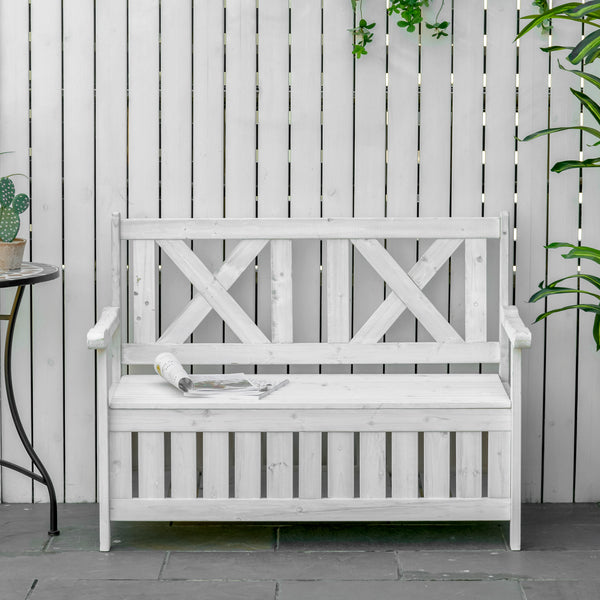 2-Seater Wooden Outdoor Bench with Storage Box, 29 Gallon Outdoor Storage Bench, Large Entryway Deck Box with Unique X-Shape Back for Deck, Porch and Balcony, White