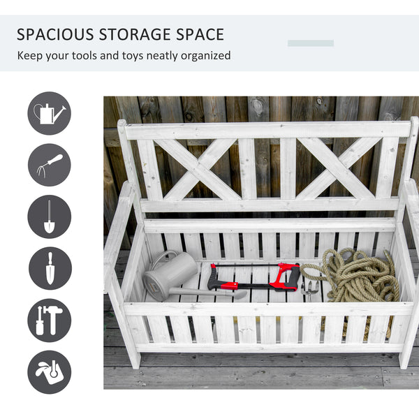 2-Seater Wooden Outdoor Bench with Storage Box, 29 Gallon Outdoor Storage Bench, Large Entryway Deck Box with Unique X-Shape Back for Deck, Porch and Balcony, White