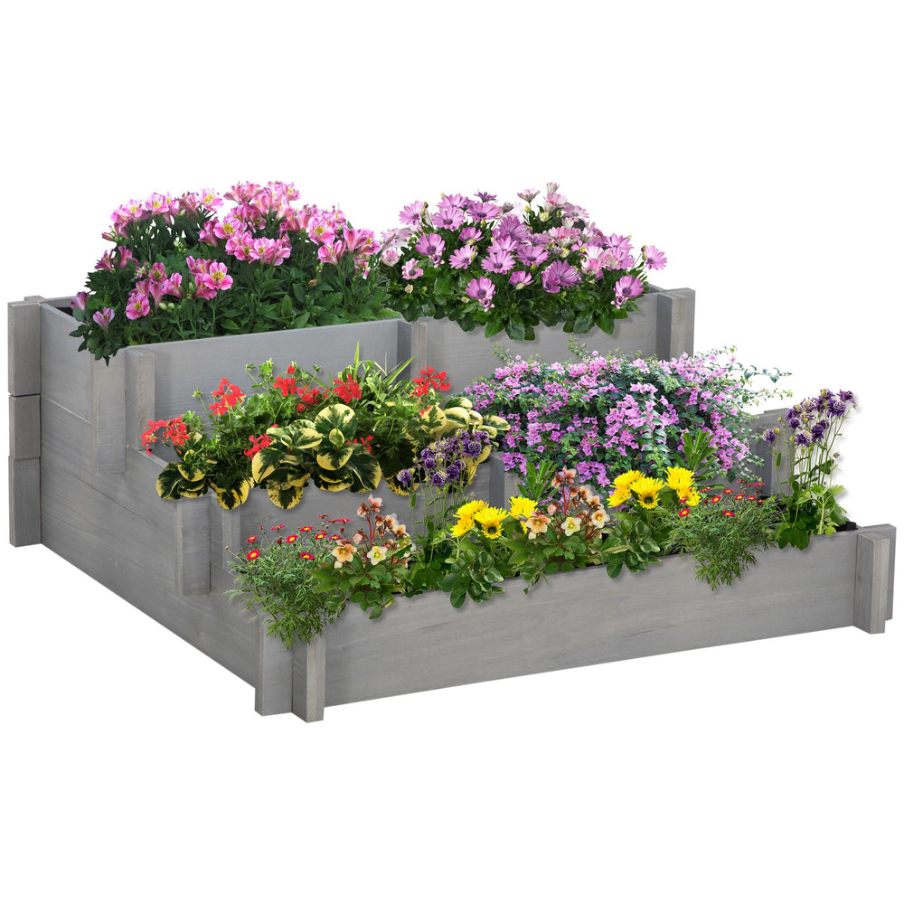 Outsunny 3-Tier Raised Garden Bed with 5 Compartments and Bed Liner, Fir Wood Elevated Planter Box, for Vegetables, Herbs, Outdoor Plants, 37 x 37 x 14in, Gray