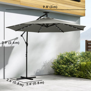 9.7 ft Cantilever Patio Umbrella with Solar LED Light, Cover, Round Offset Hanging Outdoor Umbrella Parasol with Tilt and Crank Handle, Grey