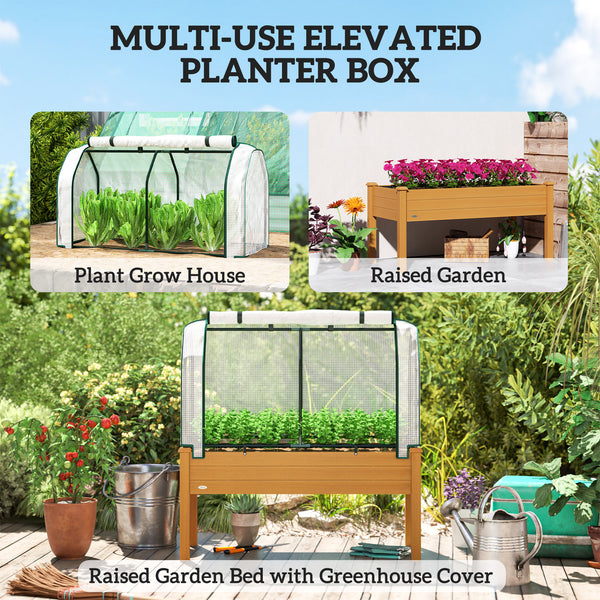 Raised Garden Bed with PE Greenhouse Cover Outdoor Elevated Wood Planter Box for Herbs and Vegetables, Use for Patio, Backyard, Balcony, 48 x 22 x 46 inch, Sand