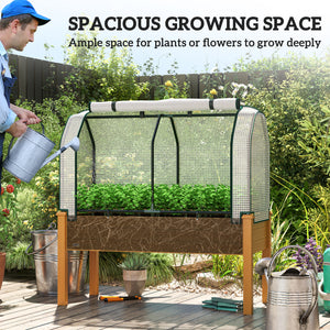 Raised Garden Bed with PE Greenhouse Cover Outdoor Elevated Wood Planter Box for Herbs and Vegetables, Use for Patio, Backyard, Balcony, 48 x 22 x 46 inch, Sand