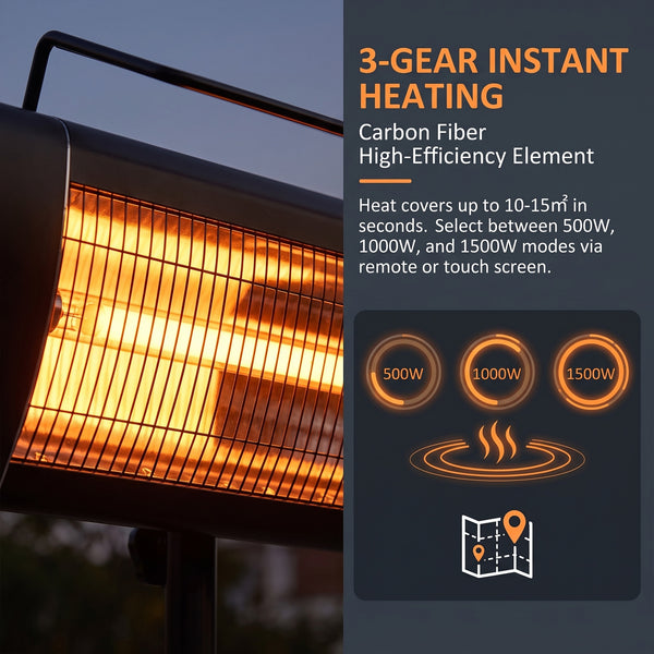 Electric Patio Heater, 1500 W Free Standing IP65 Waterproof Outdoor Infrared Heater with Tripod, 3 Heat Levels, 24H Timer, Touch Screen/Remote Control, Tip-Over/Over Heat Protection, Black