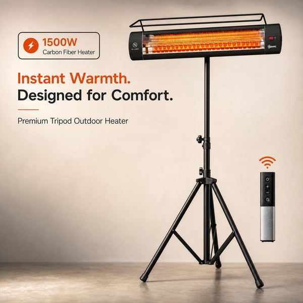 Electric Patio Heater, 1500 W Free Standing IP65 Waterproof Outdoor Infrared Heater with Tripod, 3 Heat Levels, 24H Timer, Touch Screen/Remote Control, Tip-Over/Over Heat Protection, Black