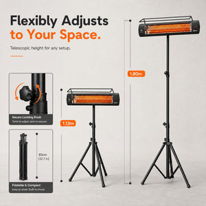 Electric Patio Heater, 1500 W Free Standing IP65 Waterproof Outdoor Infrared Heater with Tripod, 3 Heat Levels, 24H Timer, Touch Screen/Remote Control, Tip-Over/Over Heat Protection, Black