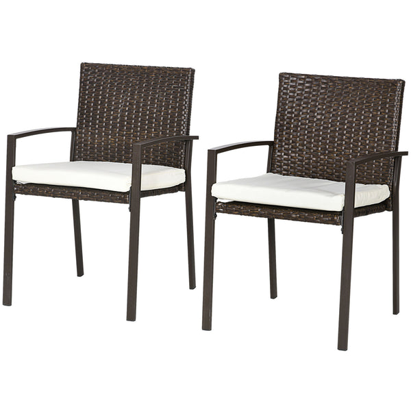 Outsunny 2 Piece PE Rattan Outdoor Dining Chairs with Cushion, Patio Wicker Dining Chair Set with Backrest, Armrests for Patio, Deck, Garden, Cream White