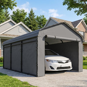 10' x 15' x 8' Heavy Duty Metal Carport, Waterproof Car Shelter Garage Canopy with Galvanized Metal Roof and Removable Sidewalls for Cars, Boats and Trucks, Light Grey