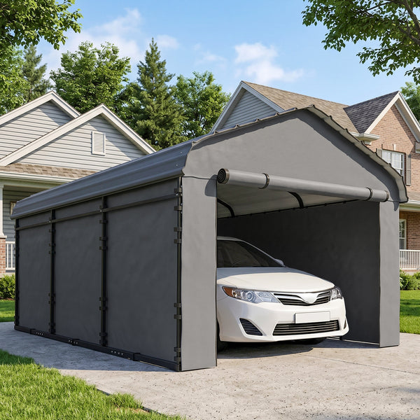 10' x 15' x 8' Heavy Duty Metal Carport, Waterproof Car Shelter Garage Canopy with Galvanized Metal Roof and Removable Sidewalls for Cars, Boats and Trucks, Light Grey
