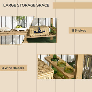 Outdoor Bar Cart, Wood Rolling Home Bar & Serving Cart with 2 Shelves, Wine Bottle Holders for Garden, Dining Room, Natural