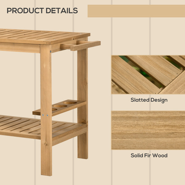 Outdoor Bar Cart, Wood Rolling Home Bar & Serving Cart with 2 Shelves, Wine Bottle Holders for Garden, Dining Room, Natural