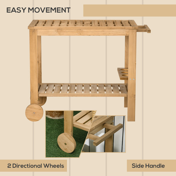 Outdoor Bar Cart, Wood Rolling Home Bar & Serving Cart with 2 Shelves, Wine Bottle Holders for Garden, Dining Room, Natural