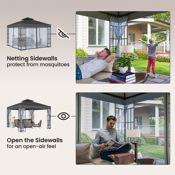 10'x10' Garden Gazebo Patio Canopy Portable Party Event Backyard w/ Mosquito Netting, Dark Grey