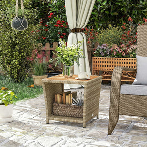 2-Tier PE Rattan Side Table with Storage Shelf, Square Outdoor Coffee Table with PS Wood Slat Top, UV-Resistant for Patio, Garden, Balcony, Khaki