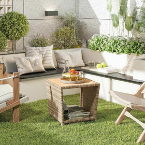 2-Tier PE Rattan Side Table with Storage Shelf, Square Outdoor Coffee Table with PS Wood Slat Top, UV-Resistant for Patio, Garden, Balcony, Khaki