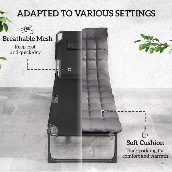 Lounge Chair Outdoor, 75 cm Wide Folding Chaise Lounge Tanning Chair, 5-Position Beach Patio Lounger Camping Cot Bed with Cushion, Side Pocket, Dark Grey