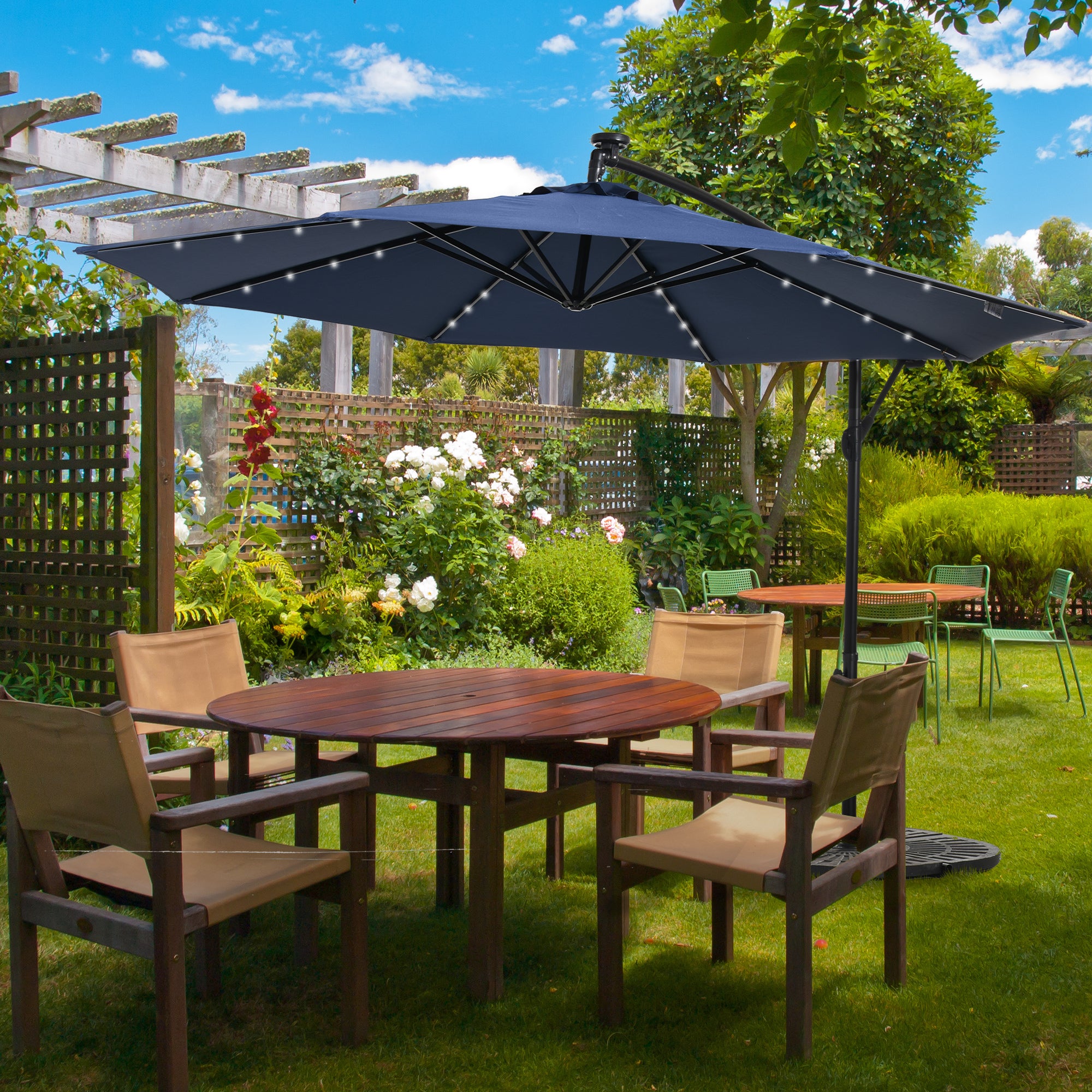 Outsunny 10' Solar Banana Umbrella with Lights & Adjustable Angle, Navy Blue Outsunny 10' Solar Banana Umbrella with Lights & Adjustable Angle, Navy Blue