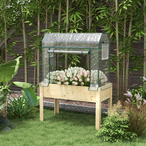 Raised Garden Bed with Plastic Greenhouse Cover and Bed Liner, Outdoor Elevated Wood Planter Box for Herbs and Vegetables, Use for Patio, Backyard, Balcony, 45 x 24 x 65 inch, Natural