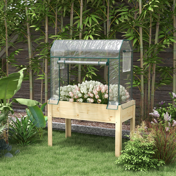 Raised Garden Bed with Plastic Greenhouse Cover and Bed Liner, Outdoor Elevated Wood Planter Box for Herbs and Vegetables, Use for Patio, Backyard, Balcony, 45 x 24 x 65 inch, Natural