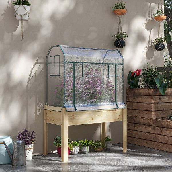Raised Garden Bed with Plastic Greenhouse Cover and Bed Liner, Outdoor Elevated Wood Planter Box for Herbs and Vegetables, Use for Patio, Backyard, Balcony, 45 x 24 x 65 inch, Natural