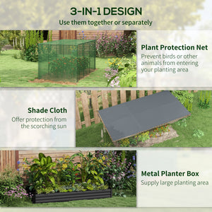 Outsunny Galvanized Raised Garden Bed with Crop Cage Plant Protection Net and Shade Cloth Roof, Metal Planter Box with Cover for Vegetables, Flowers, Herbs, Gray