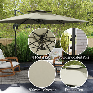 8' x 9' Square Cantilever Patio Umbrella with Fillable Base, Double Top Patio Hanging Offset Umbrella, Outdoor Cantilever Parasol with Crank & Tilt, Light Grey