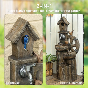 Outsunny 2-in-1 Outdoor Water Fountain with Birdhouse, Outdoor Waterfall Fountain with LED Lights Pump, Tree Trunk Outdoor Water Feature, Resin Garden Fountain, Mixed Color