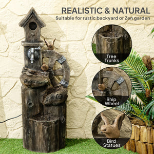 Outsunny 2-in-1 Outdoor Water Fountain with Birdhouse, Outdoor Waterfall Fountain with LED Lights Pump, Tree Trunk Outdoor Water Feature, Resin Garden Fountain, Mixed Color