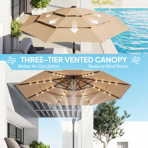 2.8 m Garden Parasol Umbrella with LED Solar Light, Parasol Cover, 3 Tier Outdoor Table Market Patio Umbrella Sun Shade with Tilt and Crank, 8 Ribs, Khaki